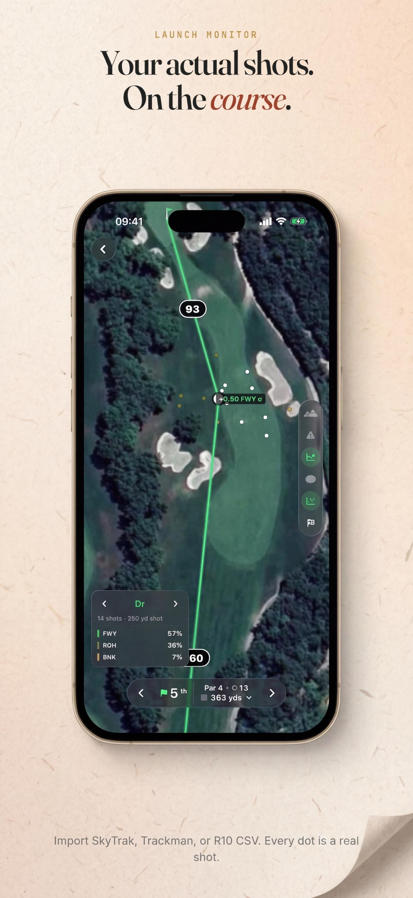 Hole preview with shot dispersion pattern overlaid on the satellite view