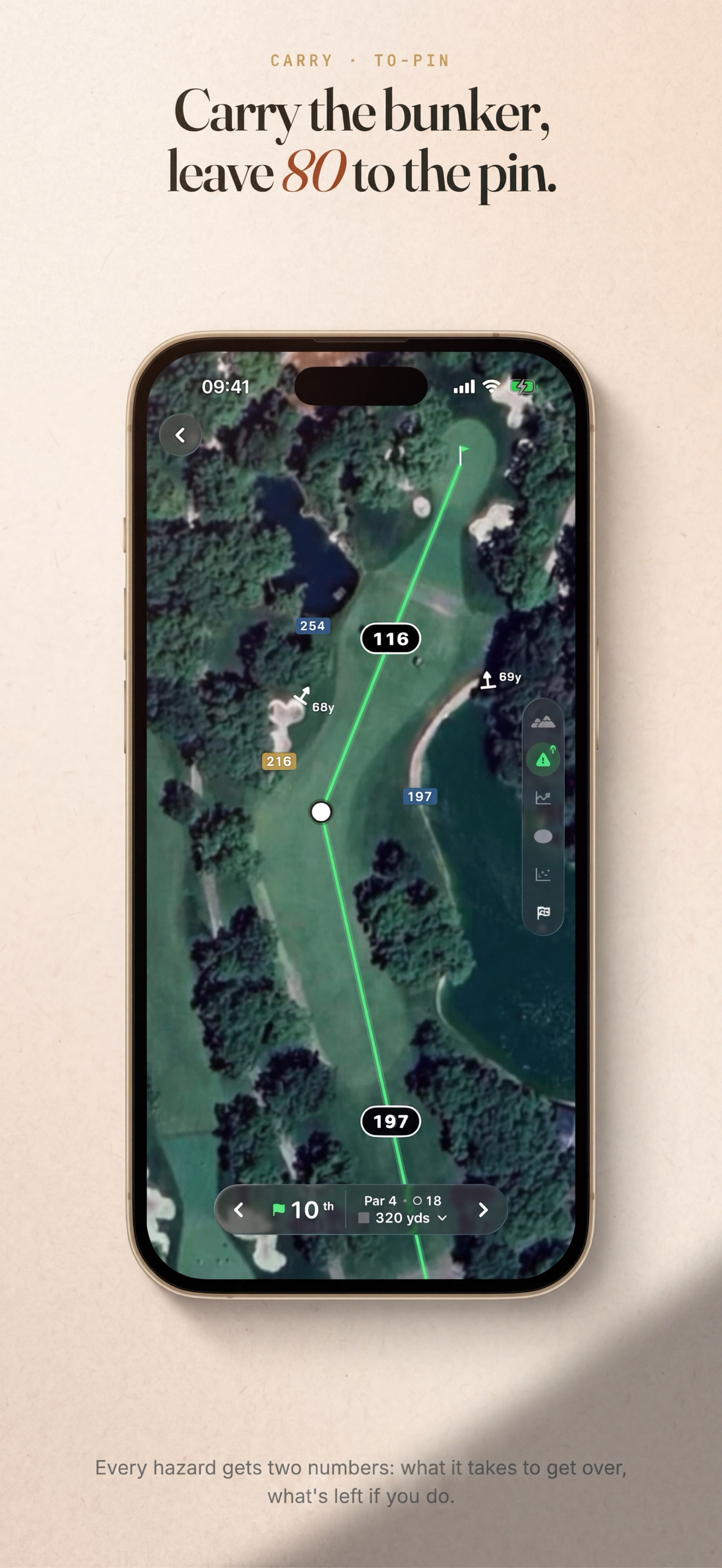 Hole preview with hazard carry pills on bunkers and water